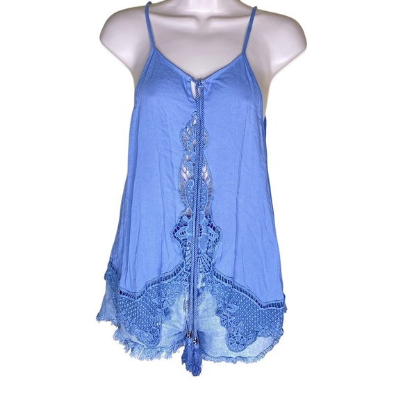 Light Blue Crochet Boho Tunic Flowy Halter Top Y2k Size Small S - Picture 1 of 13